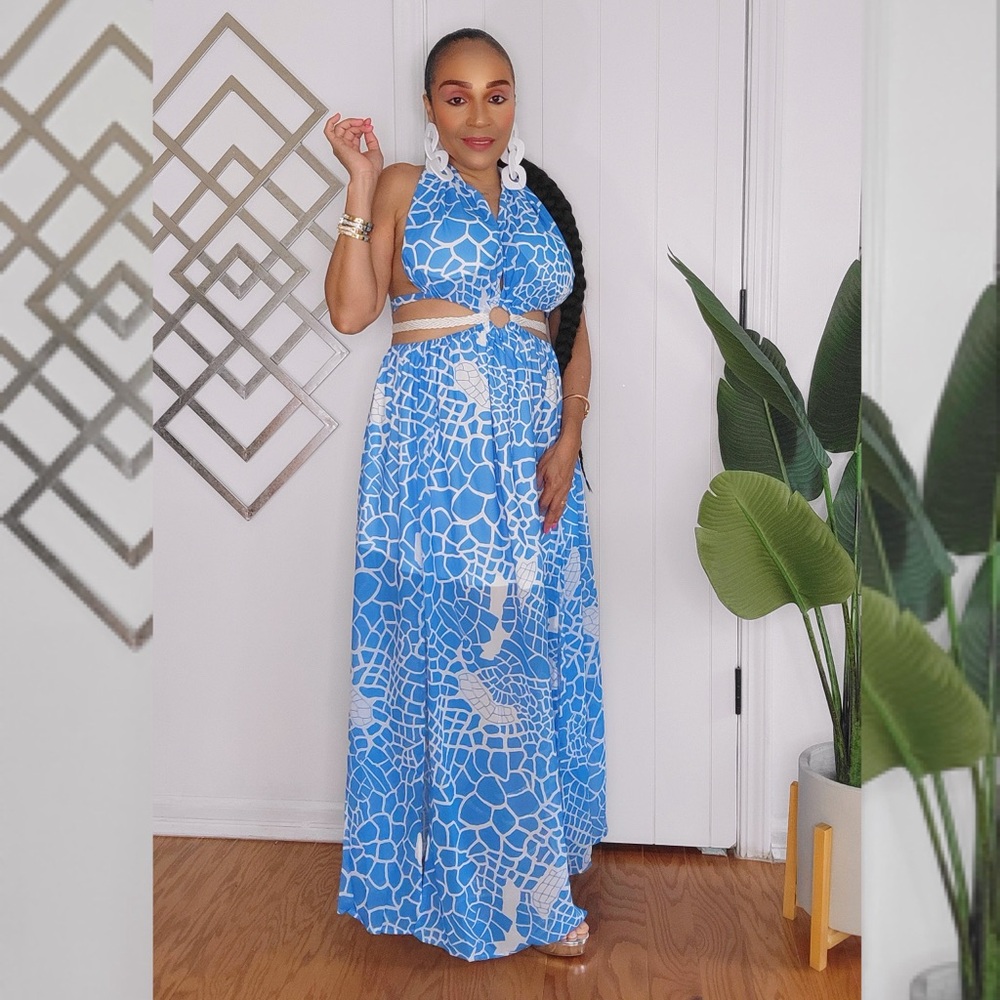 The Blue Summer Halter Backless Dress with Front Split